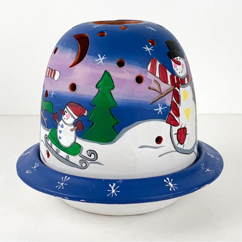Vintage candle holder snowman Christmas ceramic dome tea light holder w/ cutouts